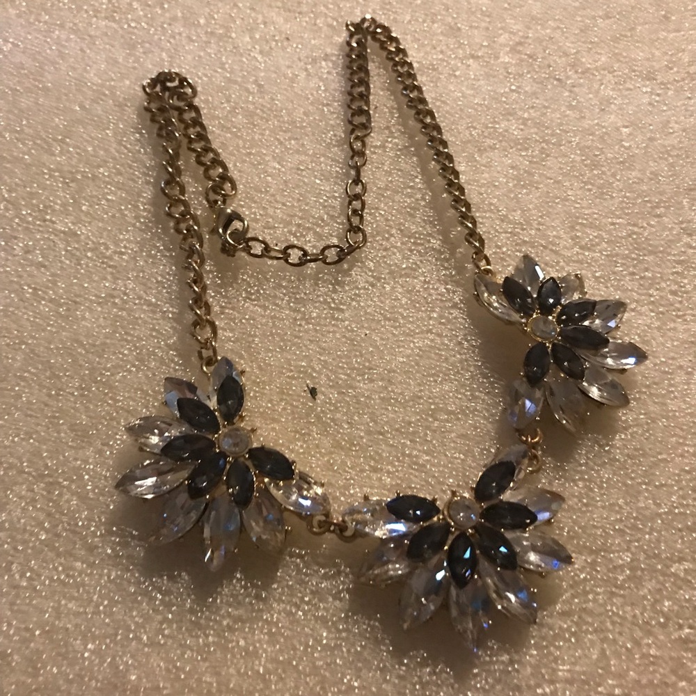 Gold Flower Statement Necklace with Clear and Black Crystals